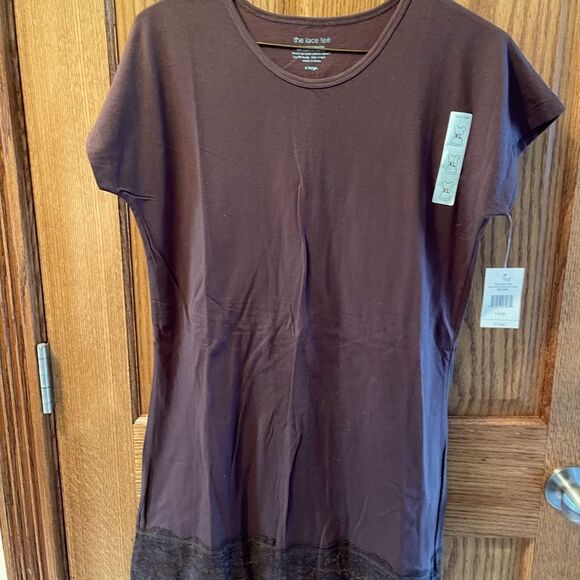 New Xl Womens Brown Ss Tshirt with Lace - Picture 1 of 5